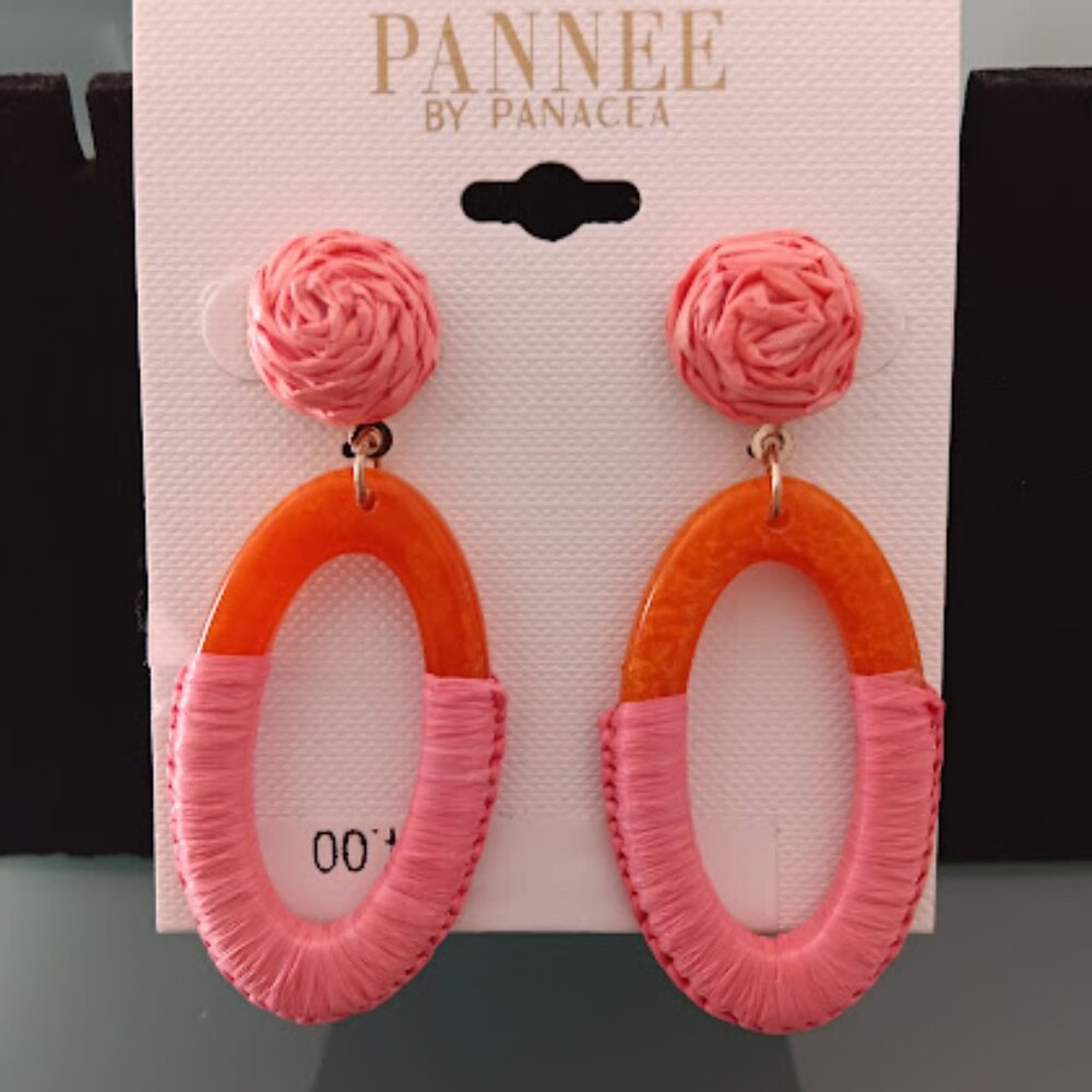 PANNEE By PANACEA Boho Chic Coral/Orange Rattan & Resin Oval Drop Earrings**NEW!